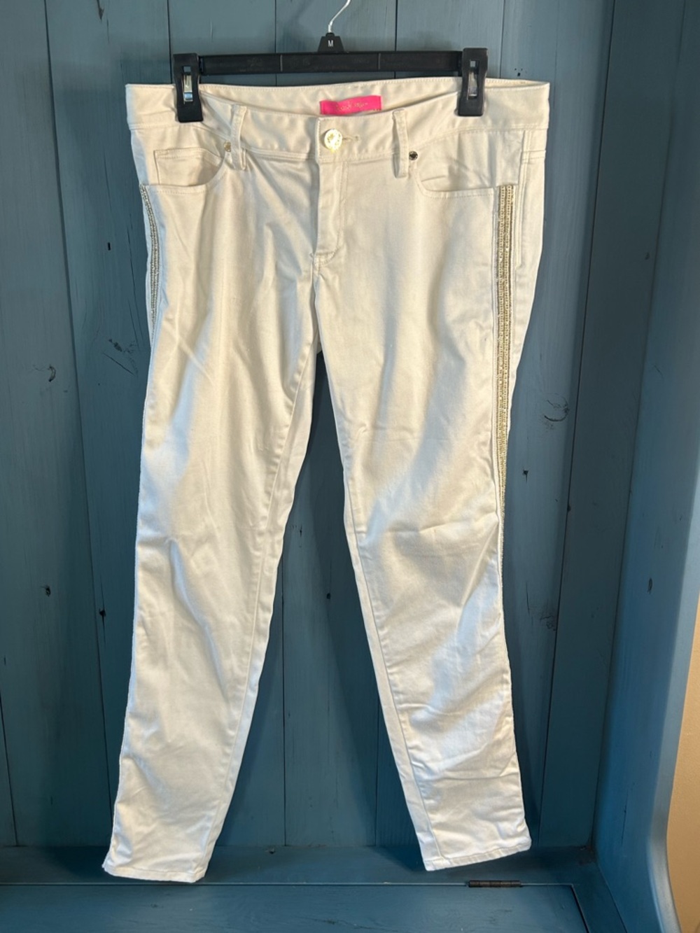 Lilly Pulitzer White Skinny Jeans with Gold Button & Beaded Trim | Size 8
